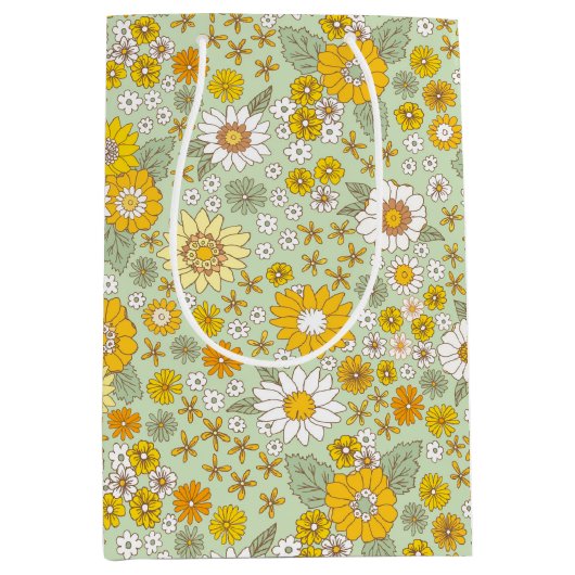 Gele Floral Garden Pattern Medium Cadeauzakje (Voorkant)