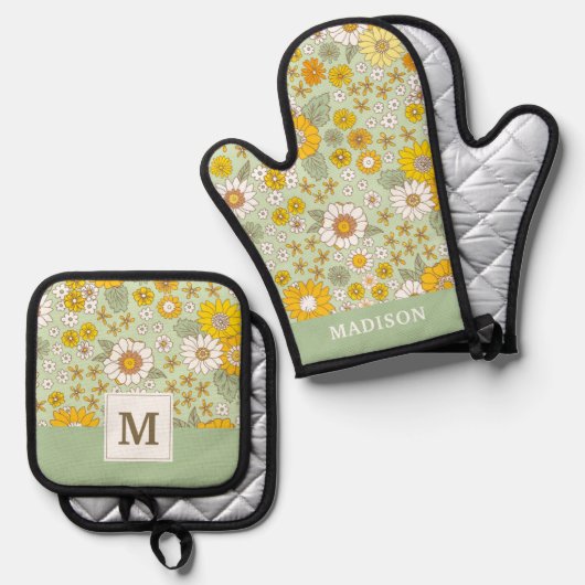 Gele Floral Garden Pattern Ovenwant & Pannenlap Set (Voorkant / Achterkant)