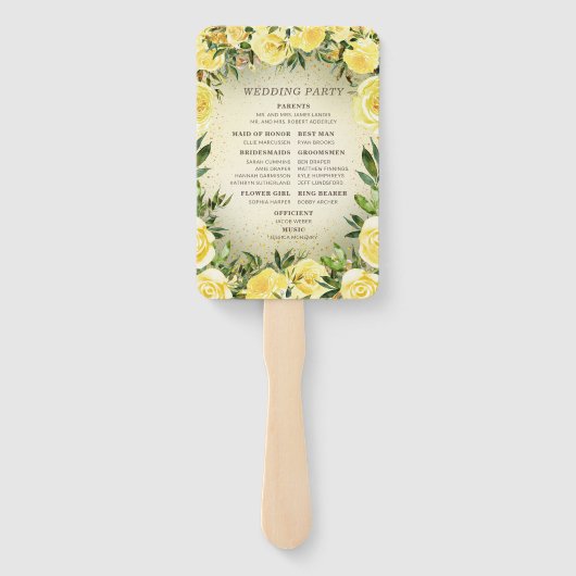 Gele Floral Gold Glitter Wedding Programme Handwaaier (Achterkant)