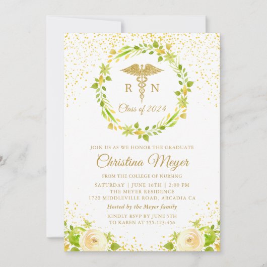 Gele Floral Gold Nursing Gradusing Party Foto Kaart (Voorkant)