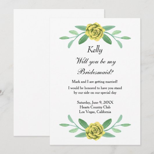 Gele Floral Greenery Foliage Bridesmaid Kaart (Voorkant / Achterkant)