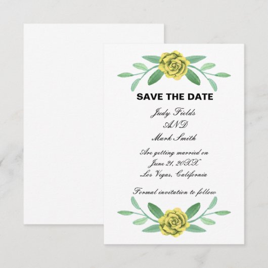 Gele Floral Greenery Foliage Save the Date Kaart (Voorkant / Achterkant)