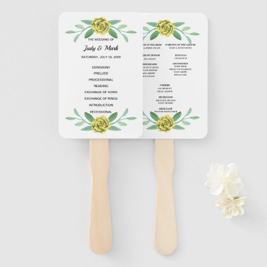 Gele Floral Greenery Foliage Wedding Programme Fan Handwaaier (Voorkant en achterkant)