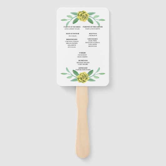 Gele Floral Greenery Foliage Wedding Programme Fan Handwaaier (Achterkant)
