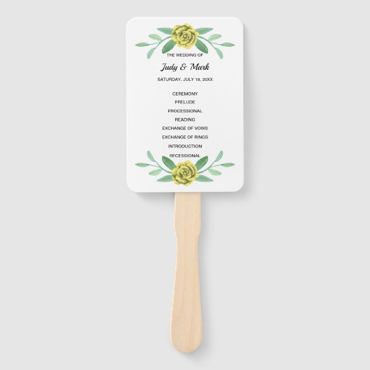 Gele Floral Greenery Foliage Wedding Programme Fan Handwaaier (Voorkant)