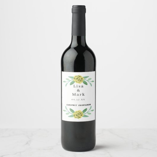 Gele Floral Greenery Foliage Wedding Wine Labels Wijn Etiket (Voorkant)