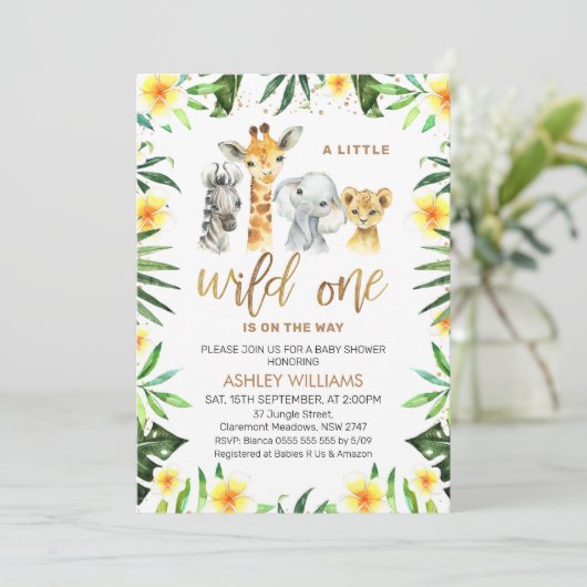 Gele Floral Greenery Safari Wild Eén Baby shower Kaart (Staand voorkant)