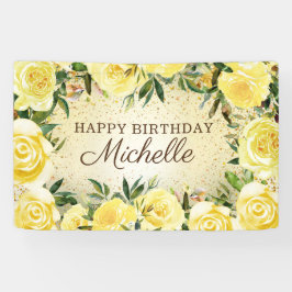 Gele Floral Rozen Glitter Happy Birthday Spandoek
