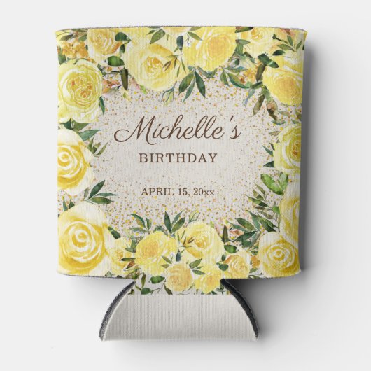 Gele Floral Rozen Gold Glitter Birthday Name Blikjeskoeler (Voorkant)