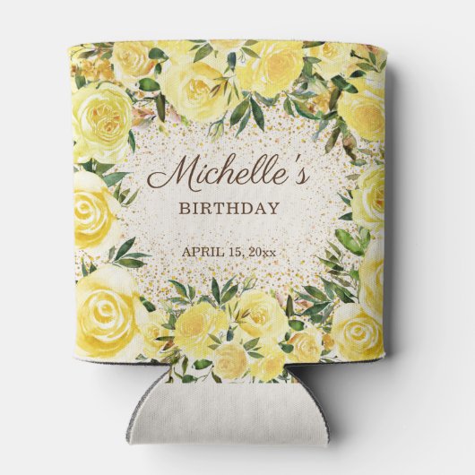Gele Floral Rozen Gold Glitter Birthday Name Blikjeskoeler (Achterkant)