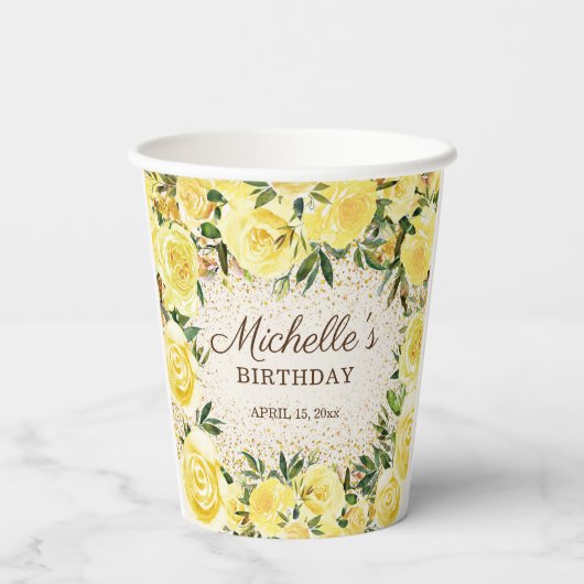 Gele Floral Rozen Gold Glitter Birthday Name Papieren Bekers (Achterkant)