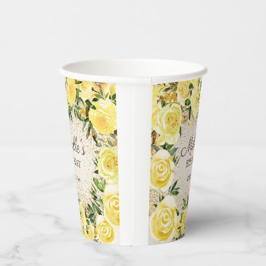 Gele Floral Rozen Gold Glitter Birthday Name Papieren Bekers (Rechts)