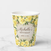 Gele Floral Rozen Gold Glitter Birthday Name Papieren Bekers (Voorkant)