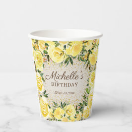 Gele Floral Rozen Gold Glitter Birthday Name Papieren Bekers