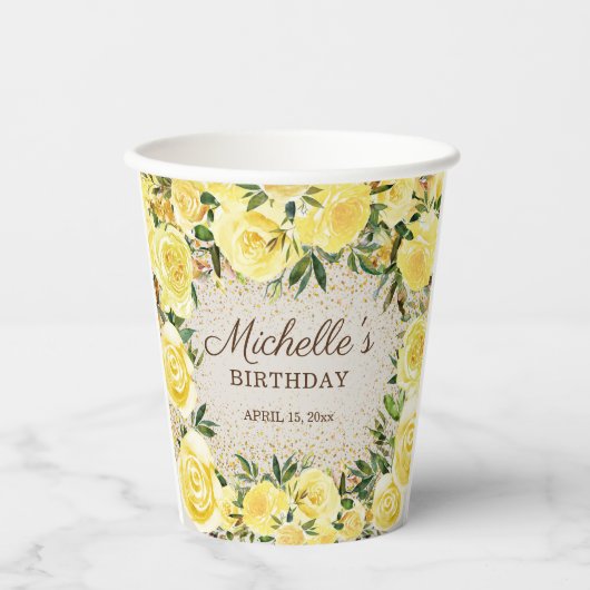 Gele Floral Rozen Gold Glitter Birthday Name Papieren Bekers (Voorkant)
