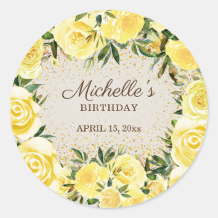 Gele Floral Rozen Gold Glitter Birthday Name Ronde Sticker