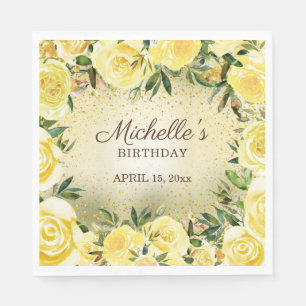 Gele Floral Rozen Gold Glitter Birthday Name Servet