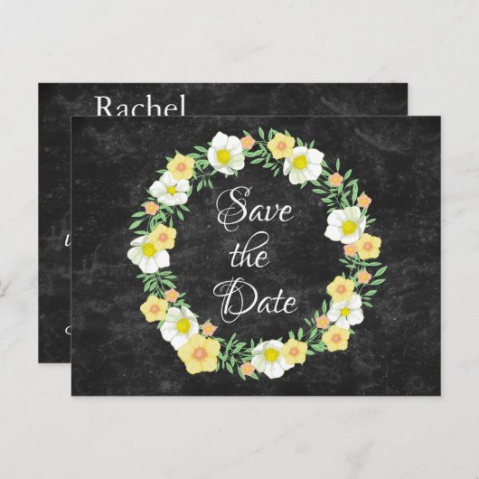 Gele Floral sparen de Datum Wreator Aankondigingskaart (Voorkant / Achterkant)