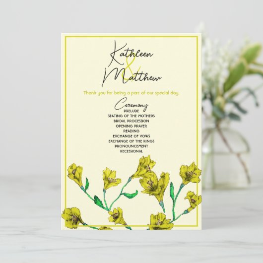 Gele Floral Waterverf Wedding Programmakaart (Staand voorkant)