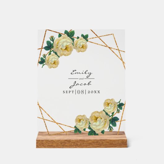 Gele Floral Wed Elegant Gold Glitter Geometric Acryl Bord (Voorkant)