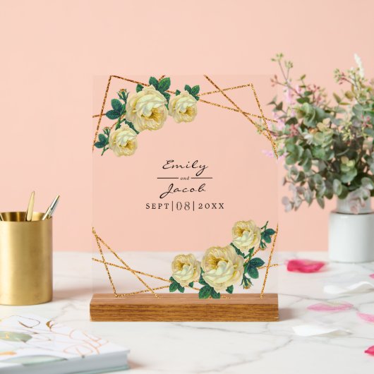 Gele Floral Wed Elegant Gold Glitter Geometric Acryl Bord (Huwelijk)