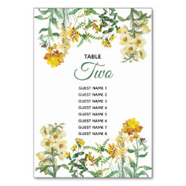 Gele Floral Wedding Table Number Guest Names Kaart