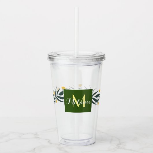 Gele Floral Wreator Initiaal Monogram Naam Acryl Drinkbeker (Voorkant)