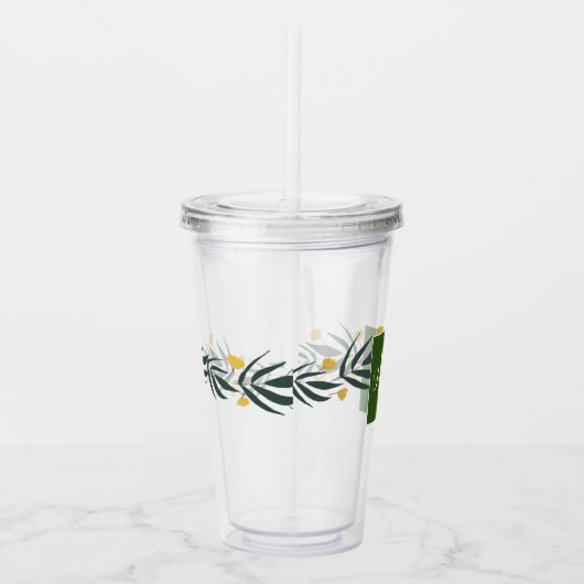 Gele Floral Wreator Initiaal Monogram Naam Acryl Drinkbeker (Rechts)
