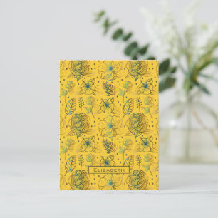 Gele florale naadloze patroonnaam briefkaart