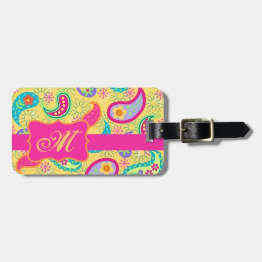 Gele Fuchsia Pink Modern Paisley Monogram Bagagelabel (Voorkant horizontaal)