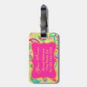 Gele Fuchsia Pink Modern Paisley Monogram Bagagelabel (Achterkant verticaal)