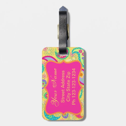 Gele Fuchsia Pink Modern Paisley Monogram Bagagelabel (Achterkant verticaal)