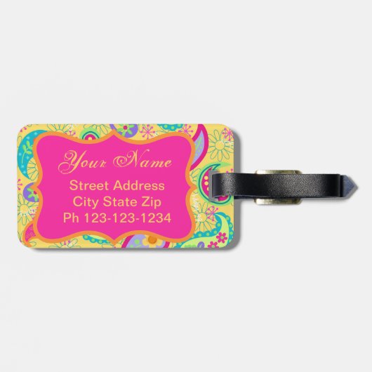 Gele Fuchsia Pink Modern Paisley Monogram Bagagelabel (Achterkant horizontaal)