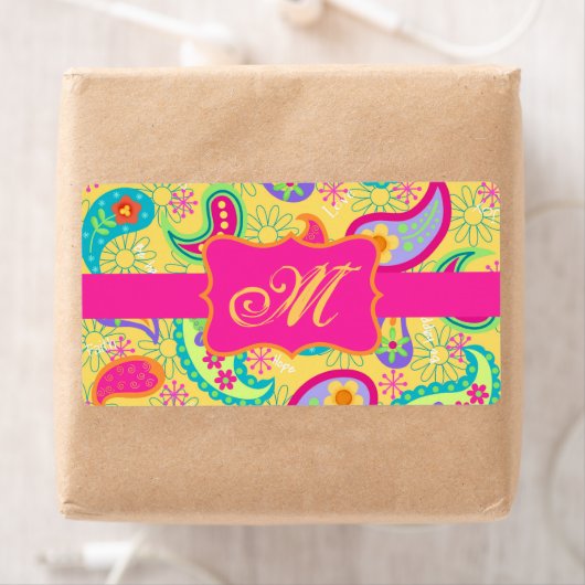 Gele Fuchsia Pink Modern Paisley Monogram Etiket (Insitu)