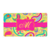 Gele Fuchsia Pink Modern Paisley Monogram Etiket (Voorkant)