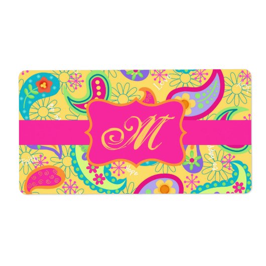 Gele Fuchsia Pink Modern Paisley Monogram Etiket (Voorkant)