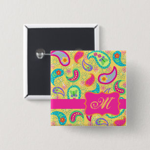 Gele Fuchsia Pink Modern Paisley Monogram Vierkante Button 5,1 Cm