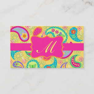 Gele Fuchsia Pink Modern Paisley Monogram Visitekaartje