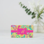 Gele Fuchsia Pink Modern Paisley Monogram Visitekaartje (Staand voorkant)
