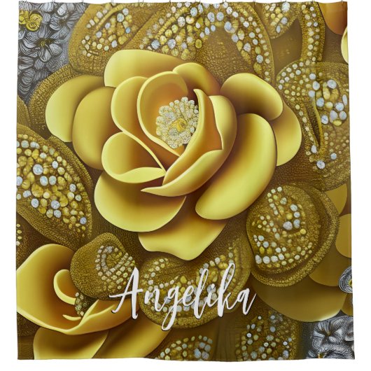 Gele gardenia met Gold Glitters en aangepaste naam Douchegordijn (Voorkant)