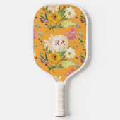 Gele gebloemde gepersonaliseerde initialen pickleball paddle (Voorkant)