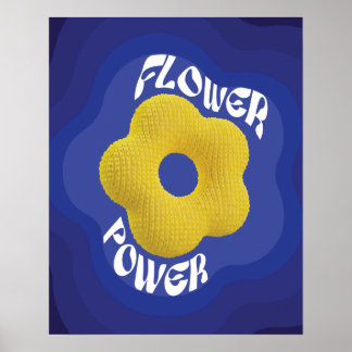 Gele Gebreide Bloem Power Kunstposter, blauwe grad Poster