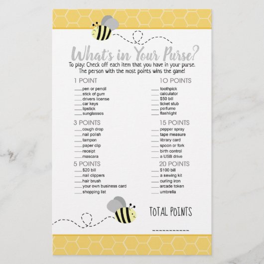 Gele Gele Bumble Bee Wat zit er in je Purse Game (Voorkant)