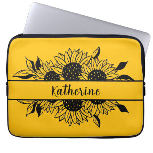 Gele gepersonaliseerde lijn getekende zonnebloemen laptop sleeve