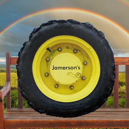 gele gepersonaliseerde naam tractor wielband rond kussen