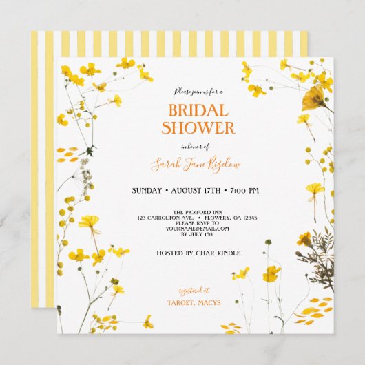 Gele Geperste Wilde Bloem Boho Bruidsdouche Kaart (Voorkant / Achterkant)