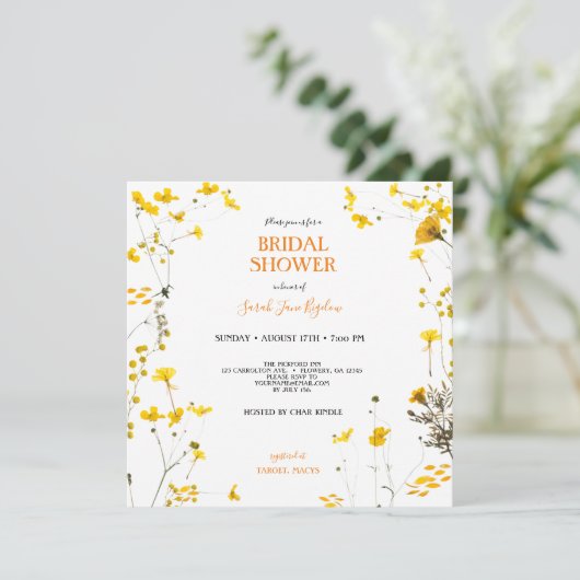 Gele Geperste Wilde Bloem Boho Bruidsdouche Kaart (Staand voorkant)