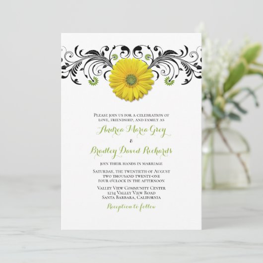Gele Gerber Daisy Floral Wedding Uitnodiging (Staand voorkant)