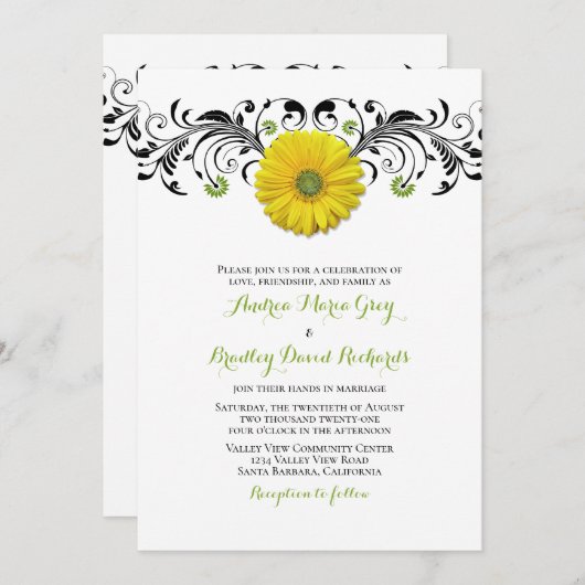 Gele Gerber Daisy Floral Wedding Uitnodiging (Voorkant / Achterkant)