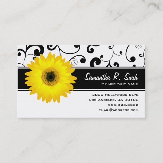 Gele Gerbera Daisy Black & White Scroll Visitekaartje (Voorkant)